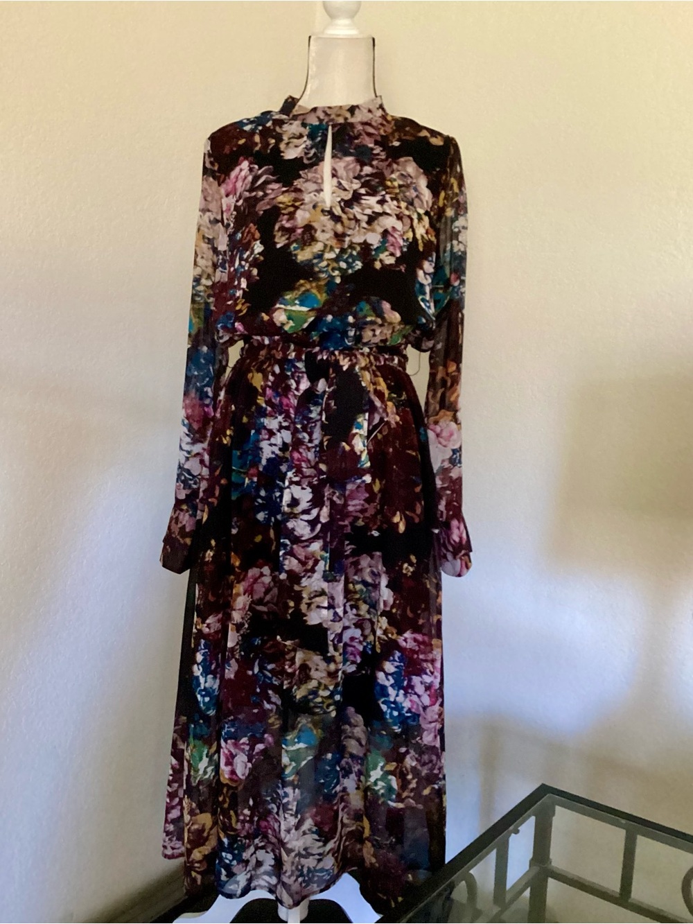 Who What Wear Black & Burgundy Dark Floral Printed Long Sleeve Midi Dress L - Picture 5 of 12